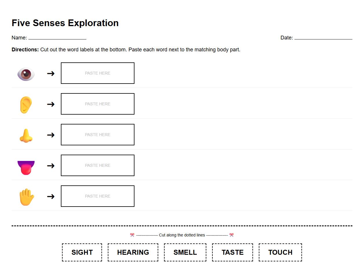 Five Senses Exploration Cut and Paste Label Task