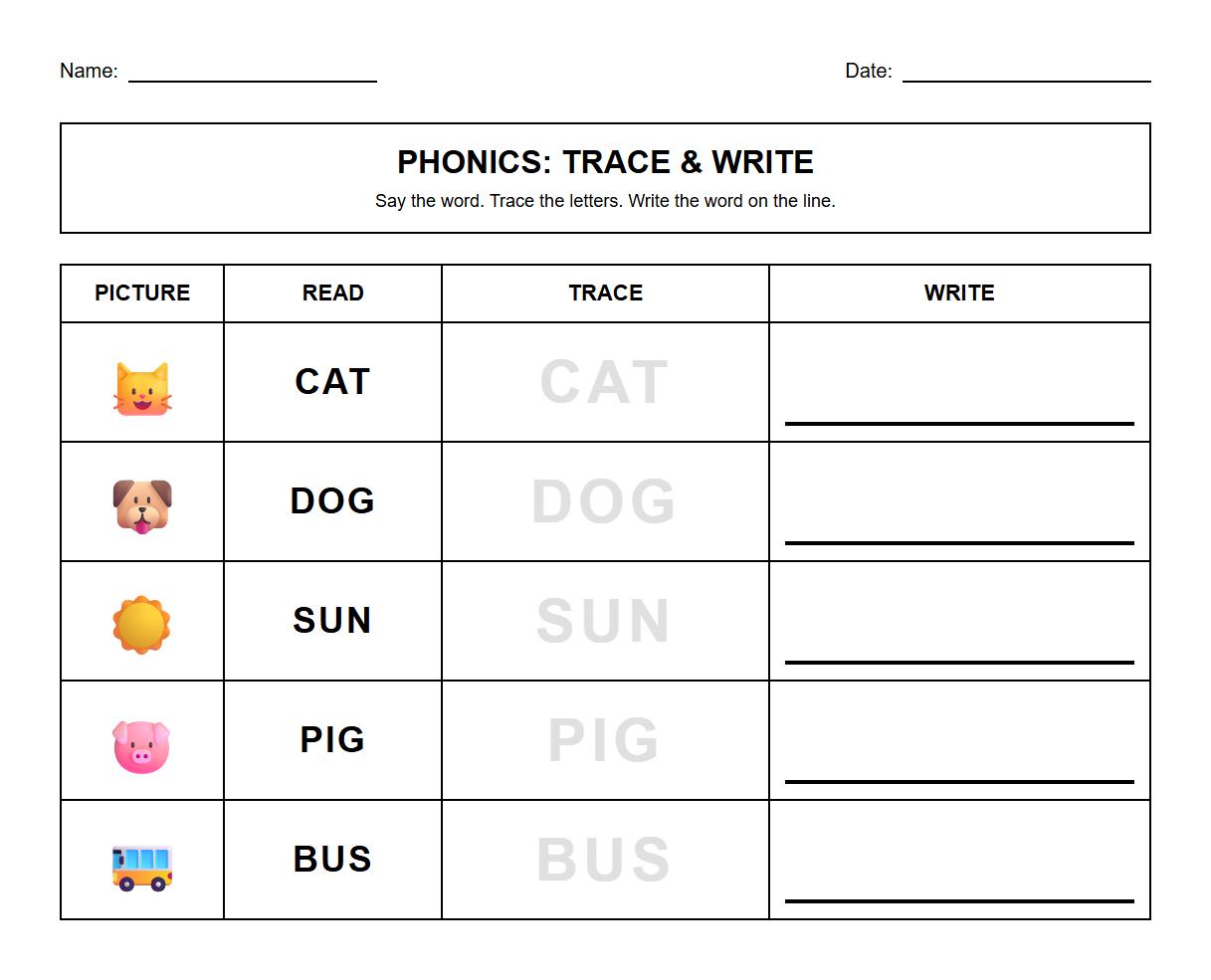 High-Frequency Words Trace and Write Phonics Worksheet