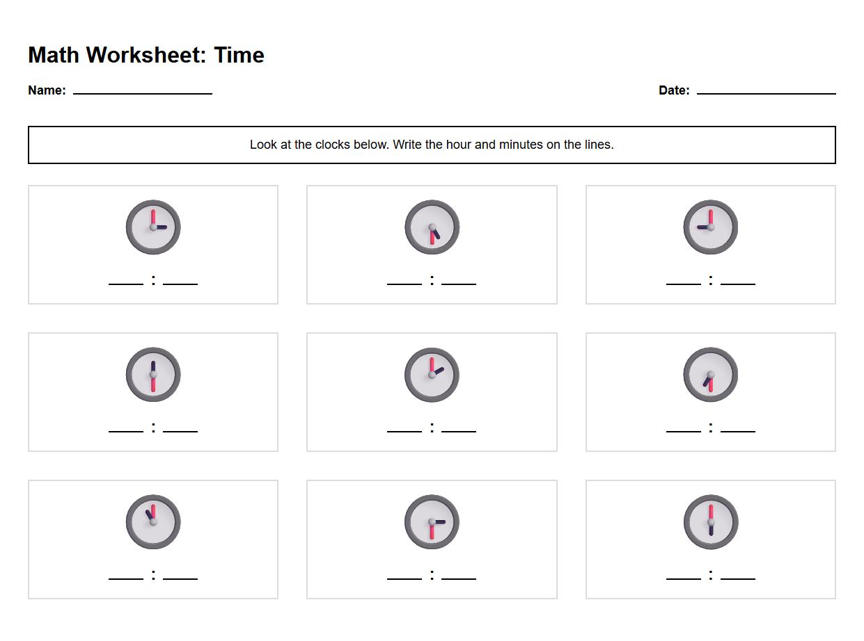 Hour and Half Hour Time Fill in the Blank Worksheet