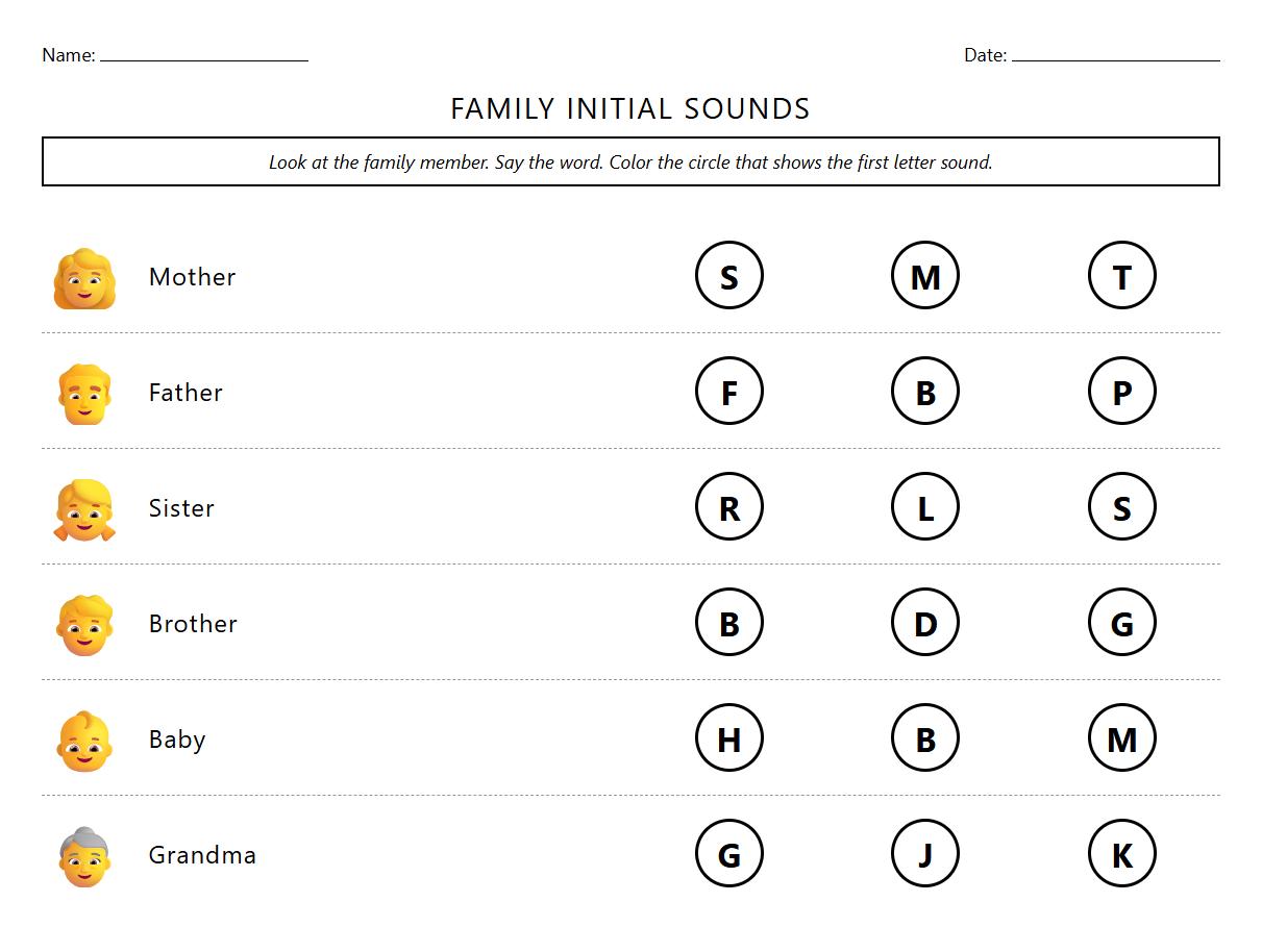 Identify and Color Family Words by Initial Phonics Sound