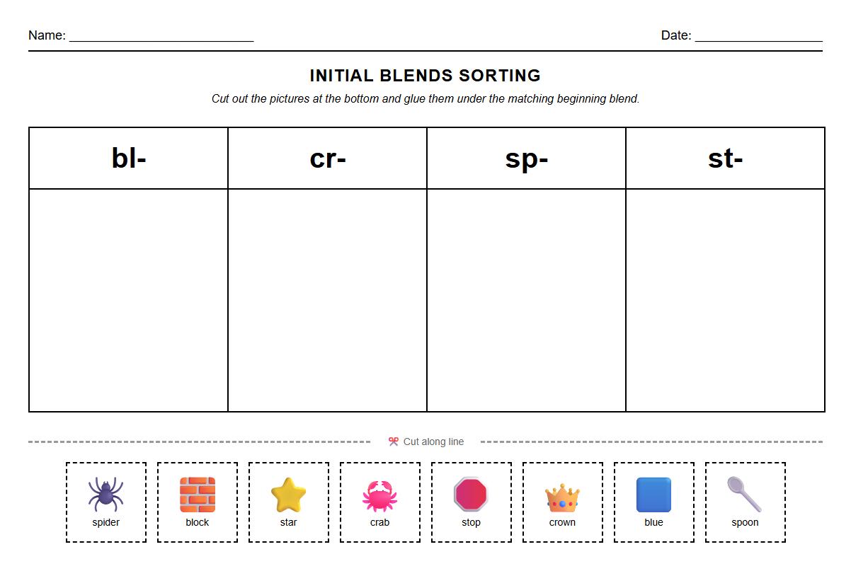 Initial Consonant Blends Sorting Phonics Worksheet