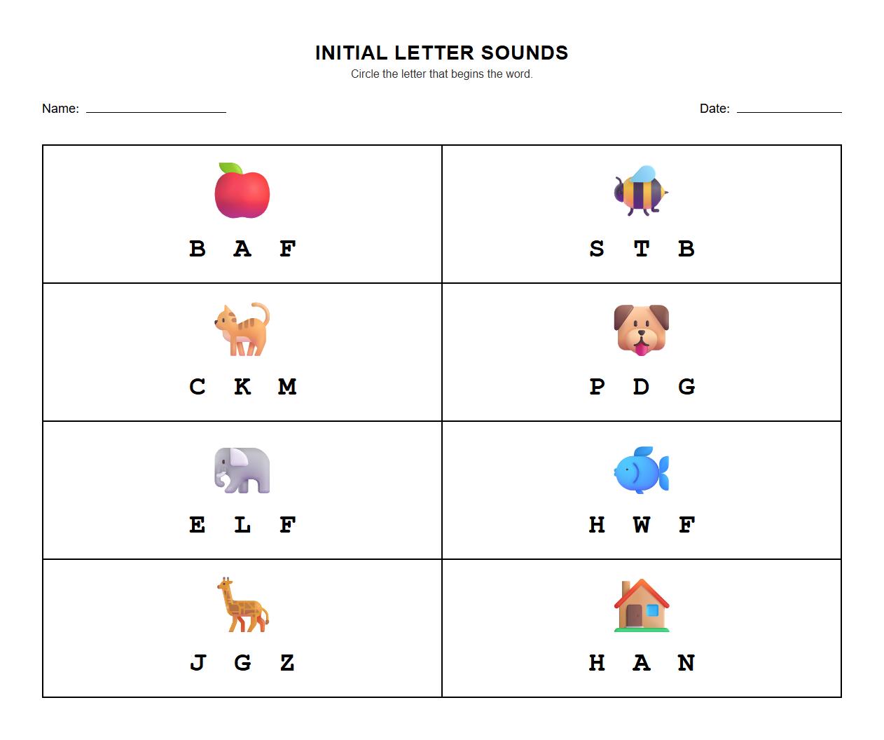 Initial Letter Sound Worksheet for Kindergarten Alphabet Mastery