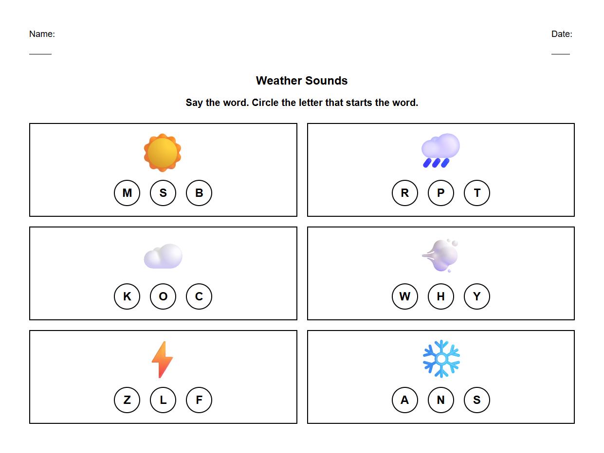 Initial sound identification worksheet with weather terms