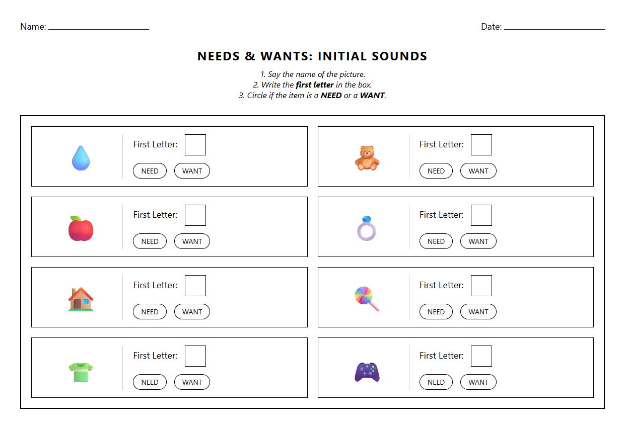 Initial Sound Needs or Wants Matching Exercise