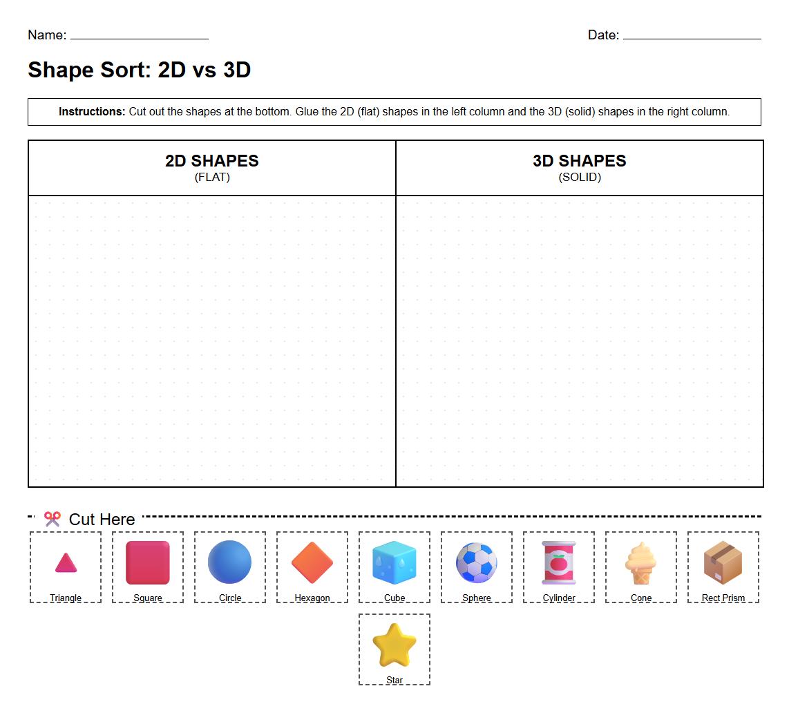 Interactive Cut and Paste 2D 3D Shape Distinction Activity