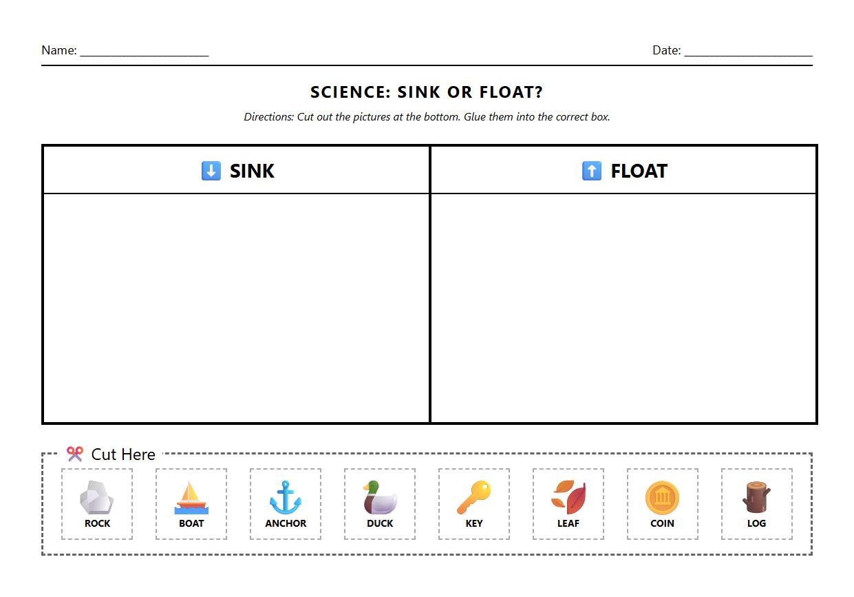 Interactive Cut and Paste Sink or Float Sorting Activity