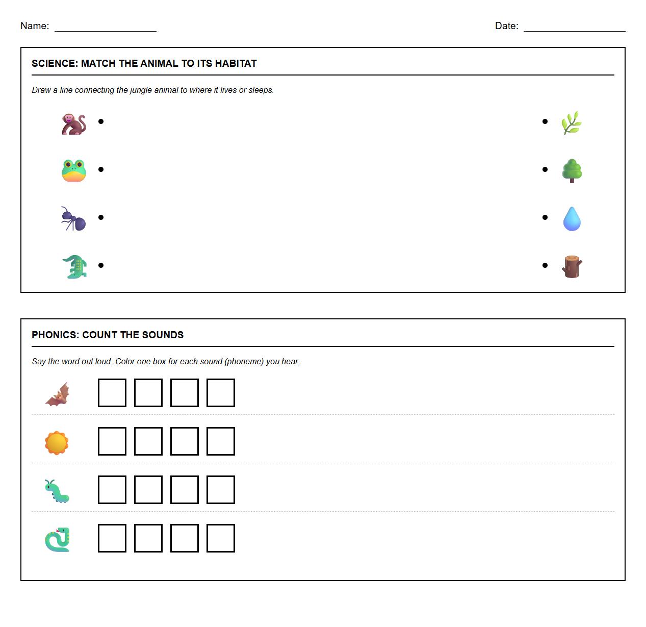 Jungle Animal to Habitat Worksheet with Phoneme Segmentation Activities