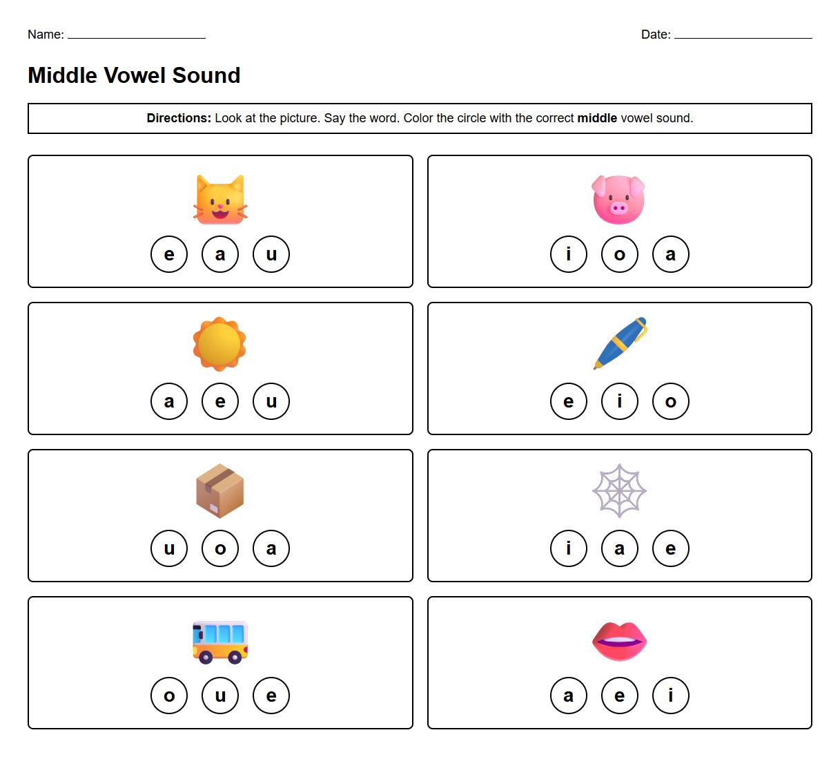 Kindergarten CVC Word Family Phonics Coloring Worksheet for Medial Vowel Discrimination