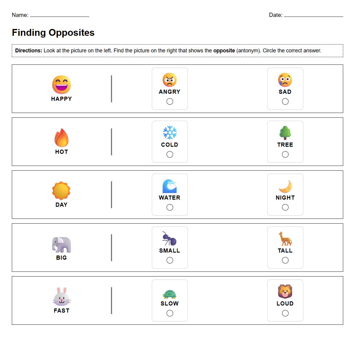 Kindergarten Phonics Worksheets: Identifying Antonyms through Images