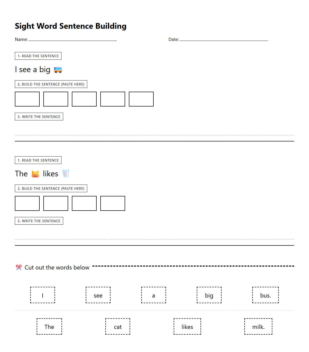Kindergarten Sight Word Sentence Building Activity