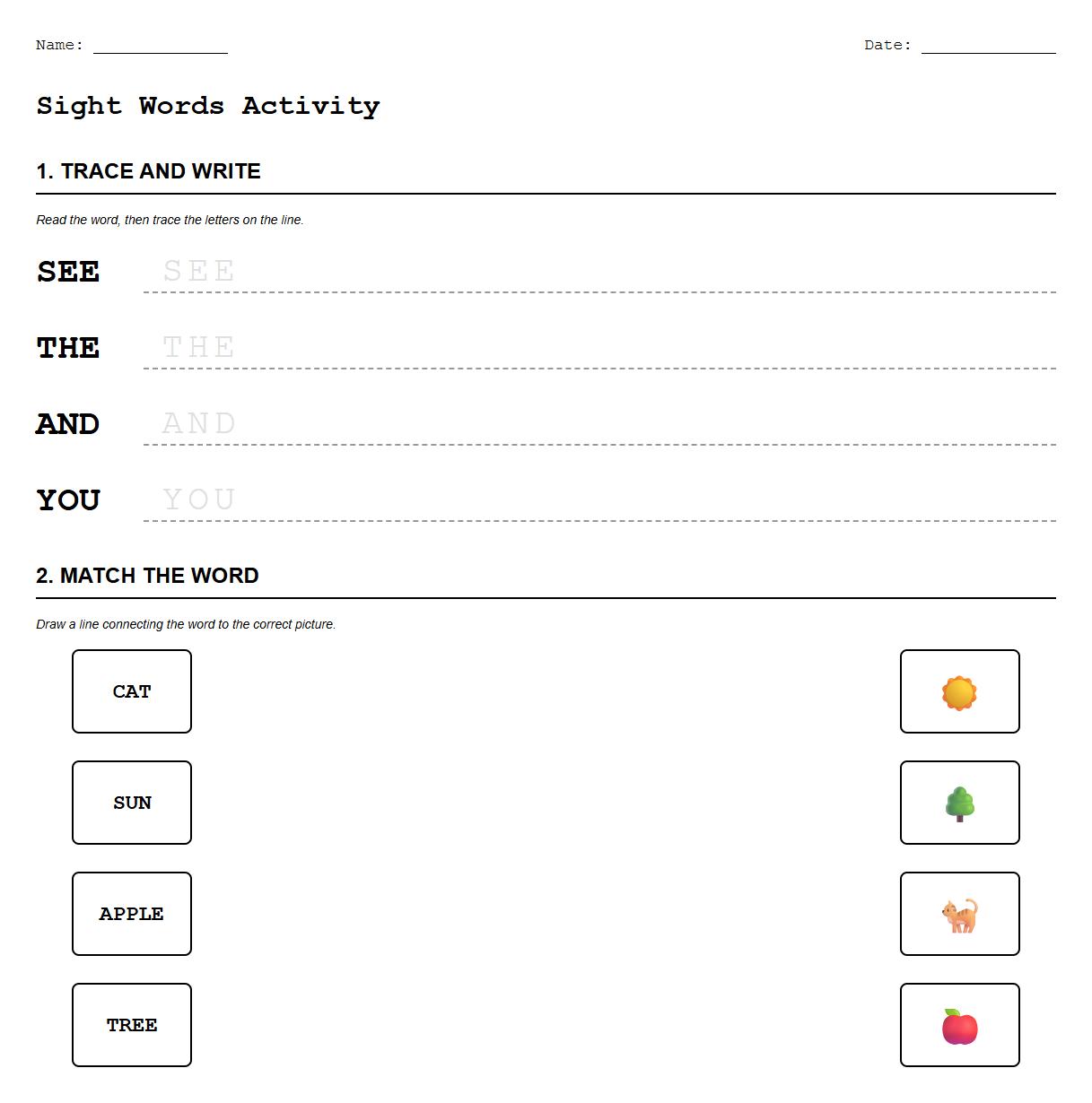 Kindergarten Sight Words Handwriting and Matching Activity