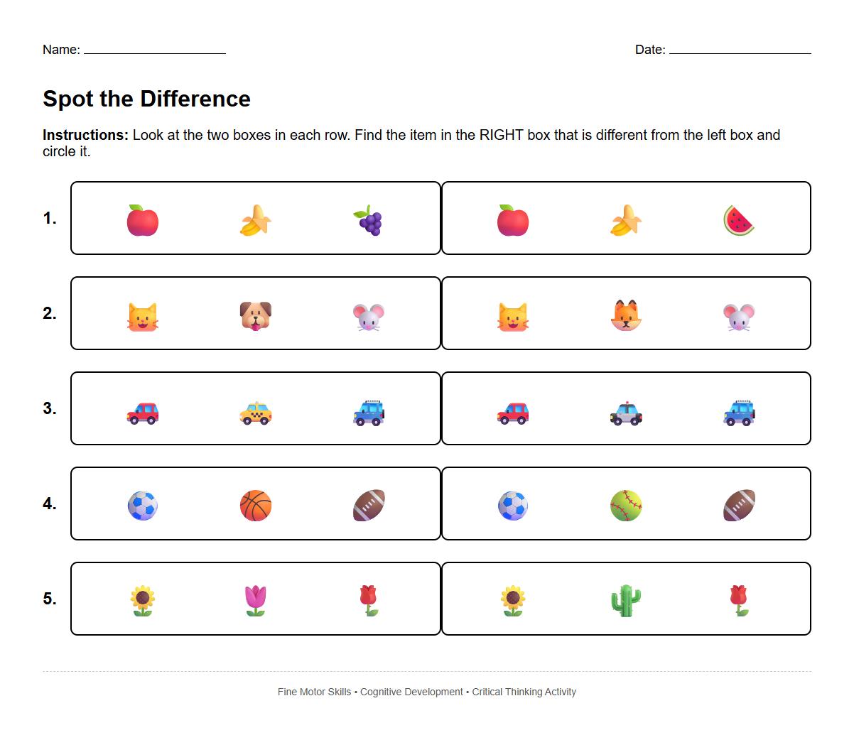 Kindergarten Spot the Difference Worksheet for Critical Thinking