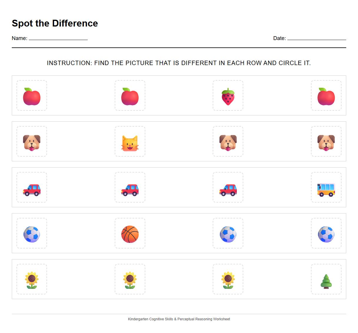 Kindergarten Spot the Difference Worksheet for Perceptual Reasoning