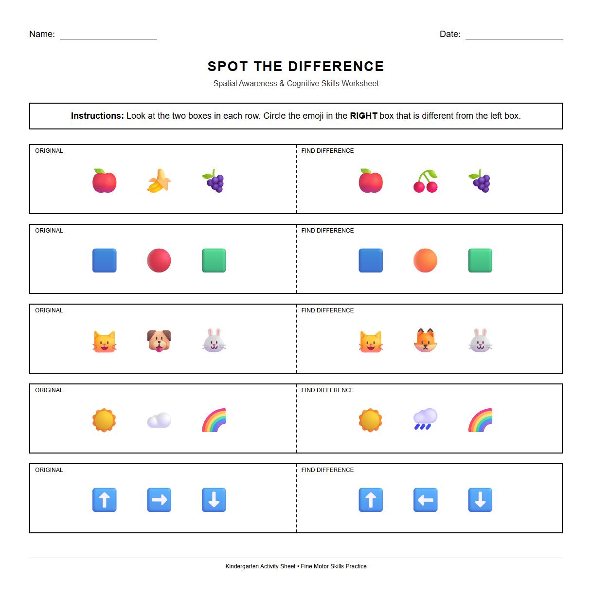 Kindergarten Spot the Difference Worksheet for Spatial Awareness
