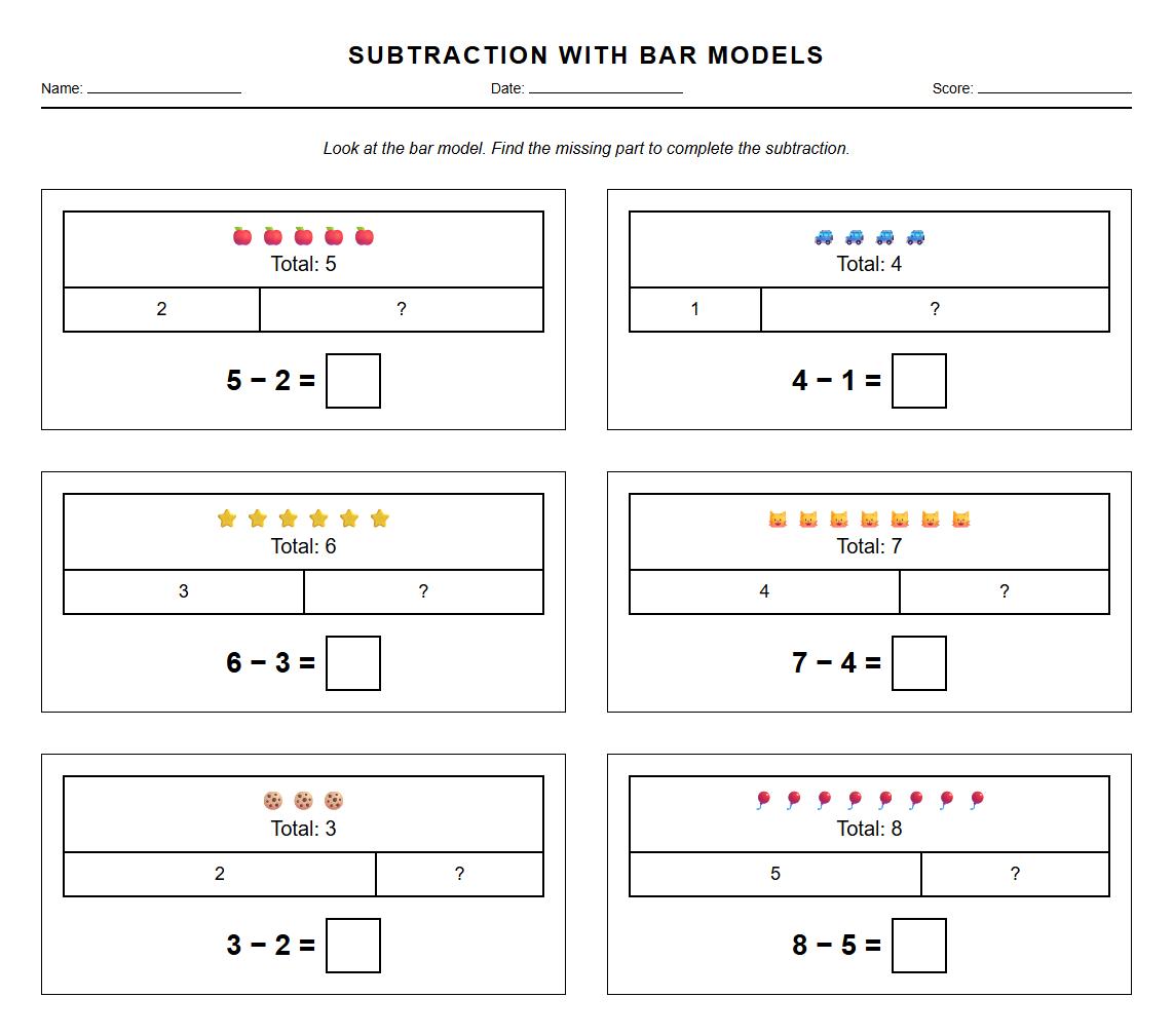 Kindergarten Subtraction Drill with Simple Bar Models