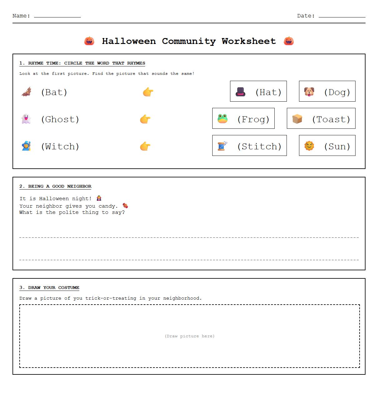 Kindergarten Writing Prompts Worksheet for Halloween incorporating rhyming word tasks