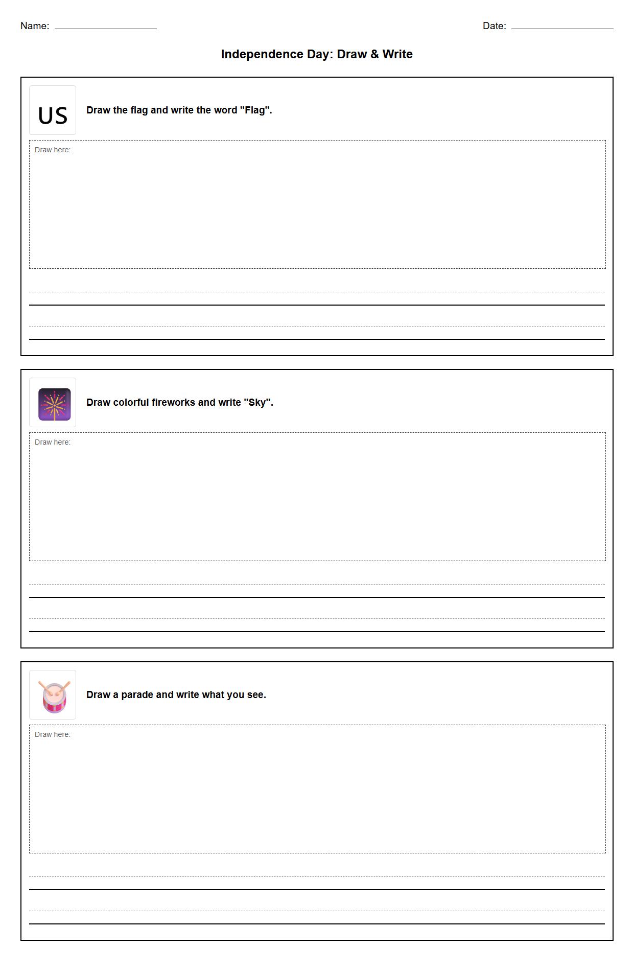 Kindergarten Writing Prompts Worksheet for Independence Day using guided drawing and labeling