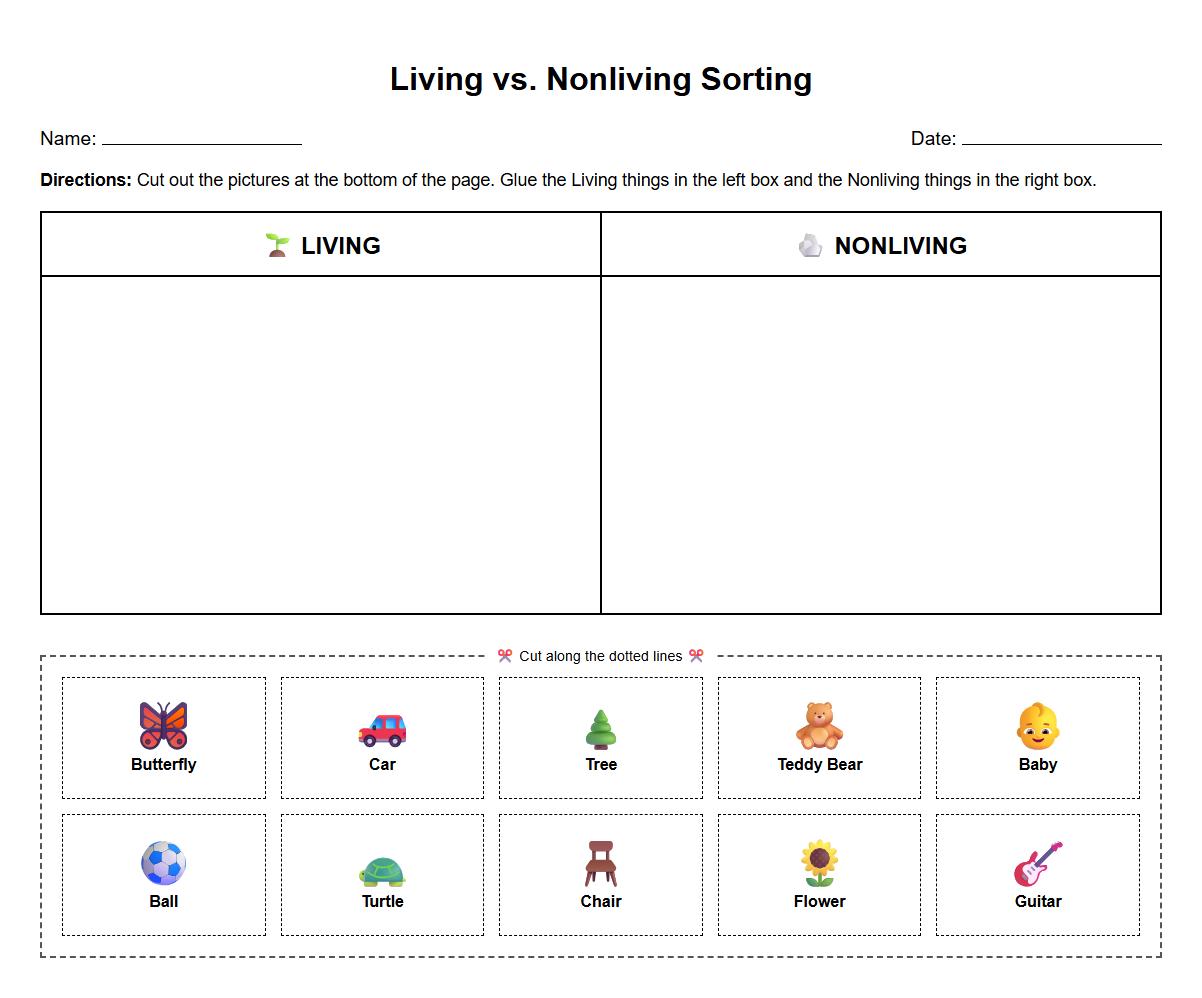 Living and nonliving objects sorting task