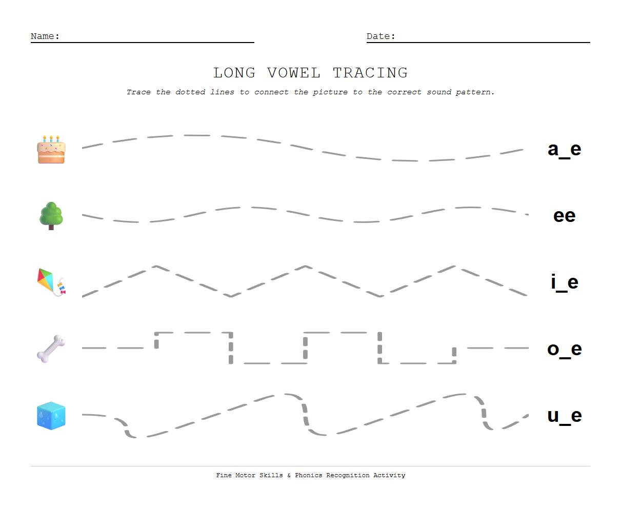 Long Vowel Phonics Pattern Curve Tracing Worksheet