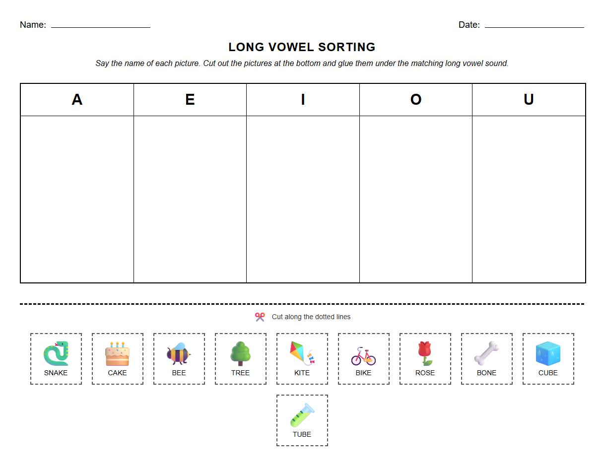 Long Vowel Picture Sorting Phonemic Awareness Worksheet