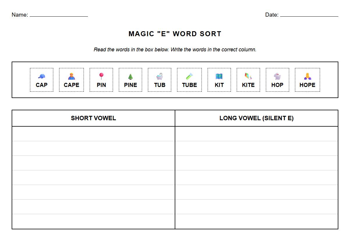 Long vowel silent E word sorting phonics worksheet