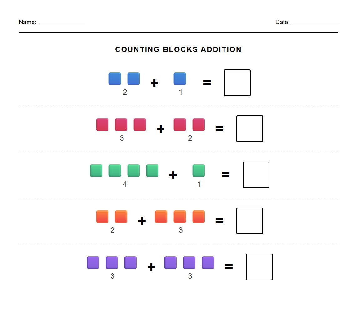 Manipulative Based Addition Worksheet using counting blocks