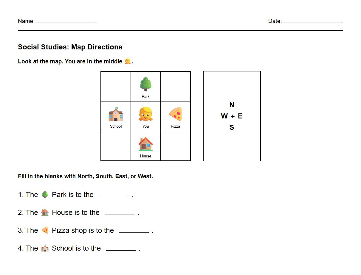 Map Reading with Cardinal Directions Worksheet