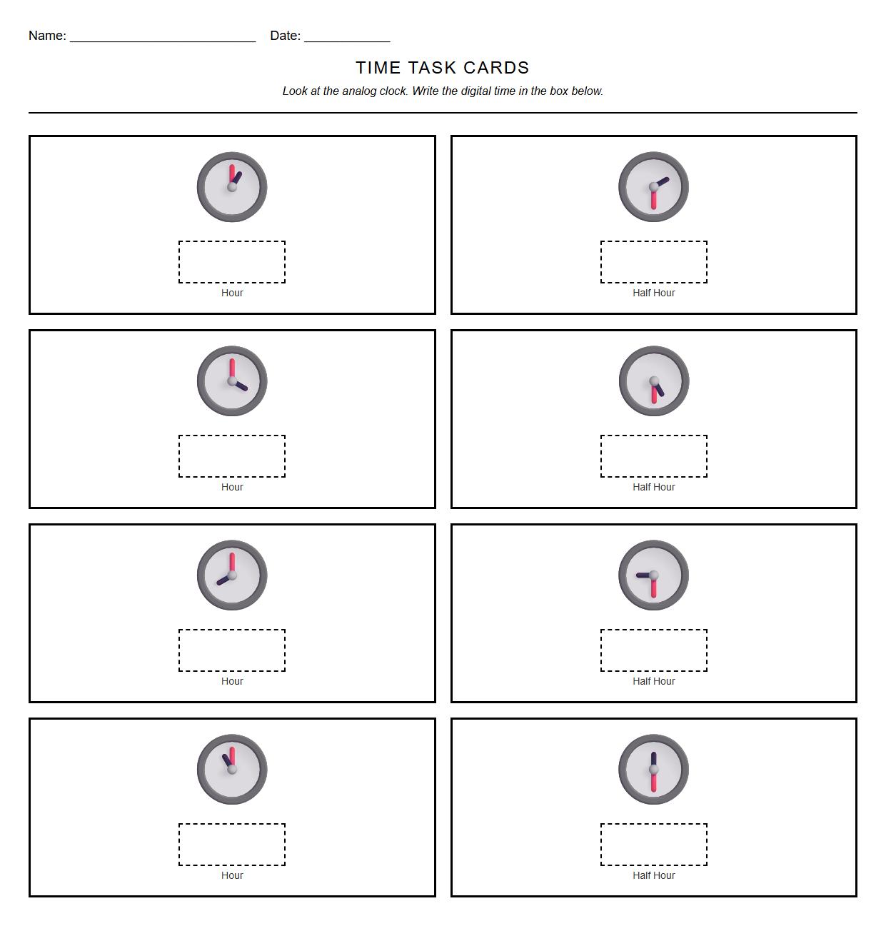 Matching Analog to Digital Clock Time Task Cards for Hour and Half Hour