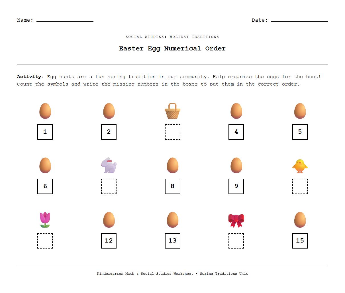 Math Counting Worksheet with Easter Egg Symbols focused on Numerical Order