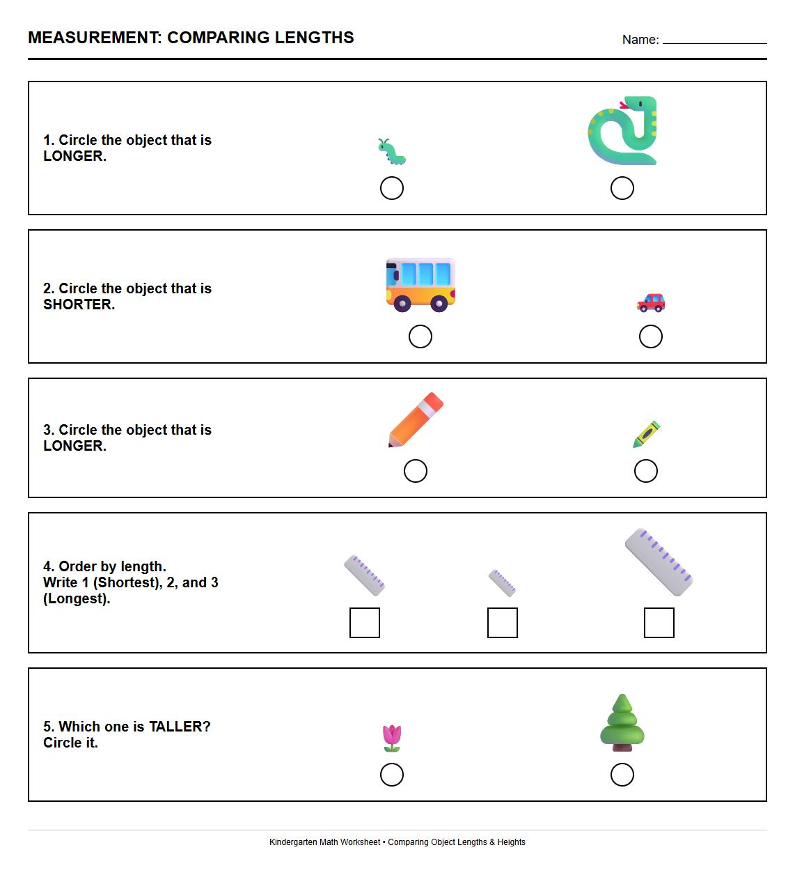 Measurement Skills Comparing Object Lengths Worksheet for Early Learners