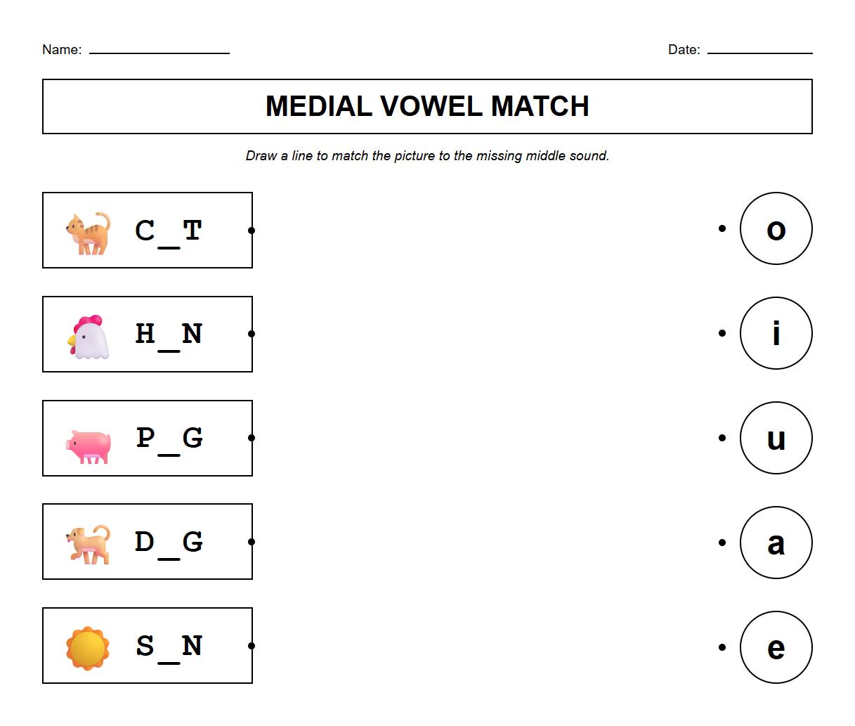 Medial Vowel Sound Phonics Match Up