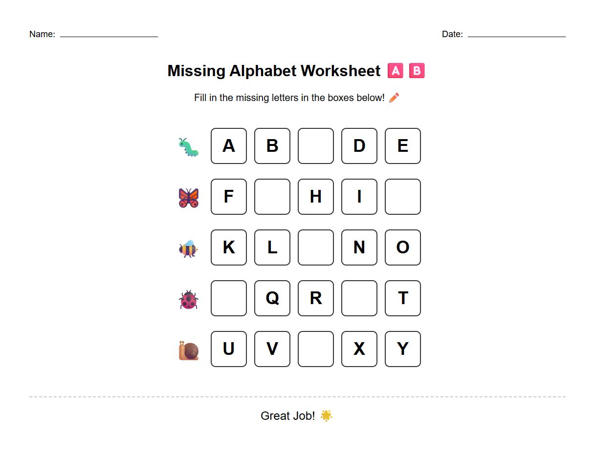 Missing Alphabet Fill In Worksheet for Gap Recognition