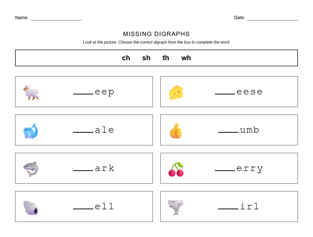 Missing Digraph Fill In Worksheet for Kindergarten