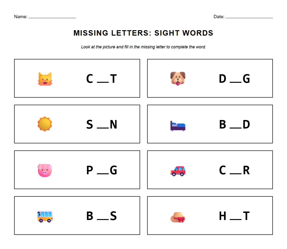 Missing Letters in Sight Words Phonics Sheet