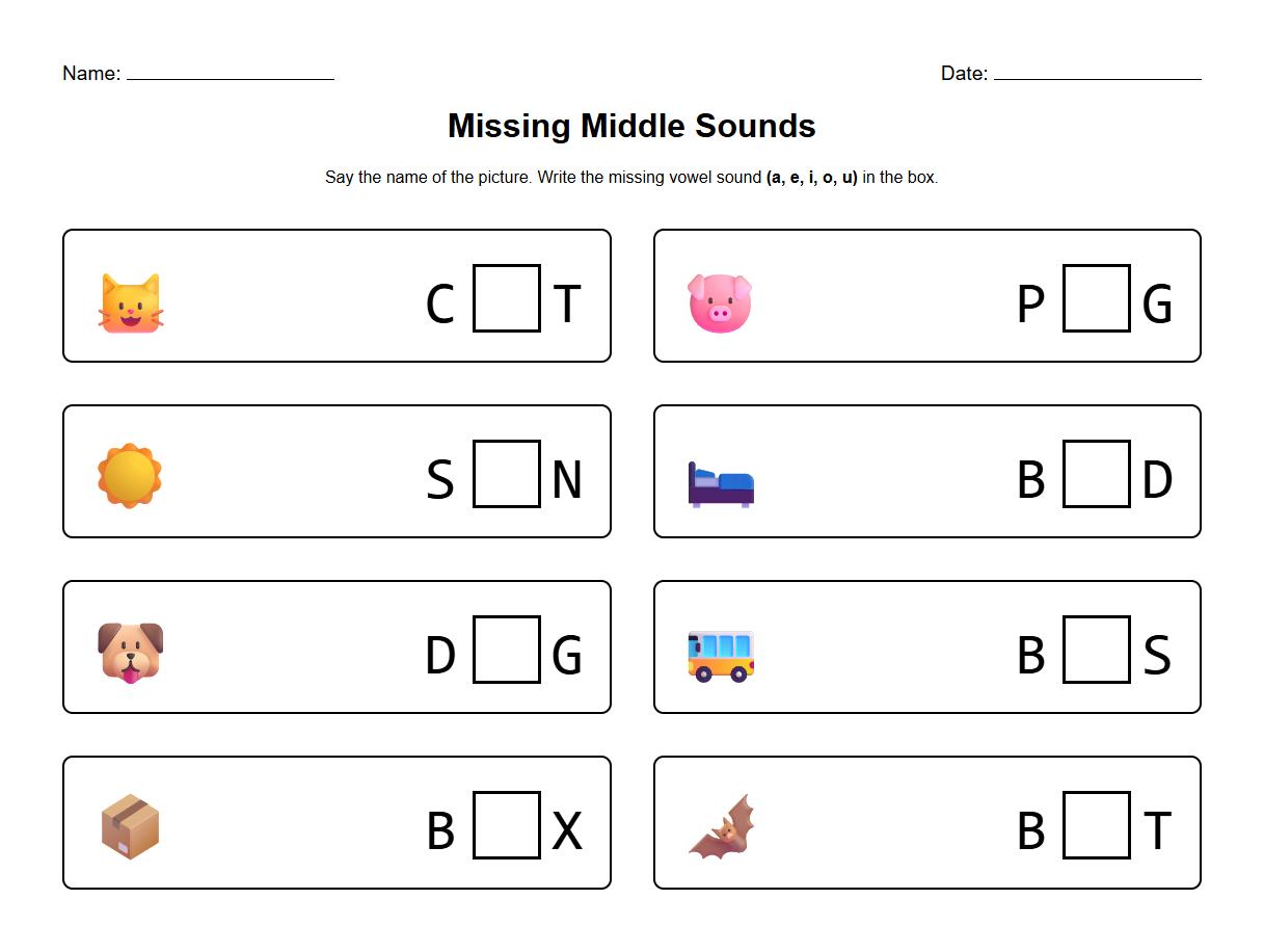 Missing middle vowel sound in CVC word construction