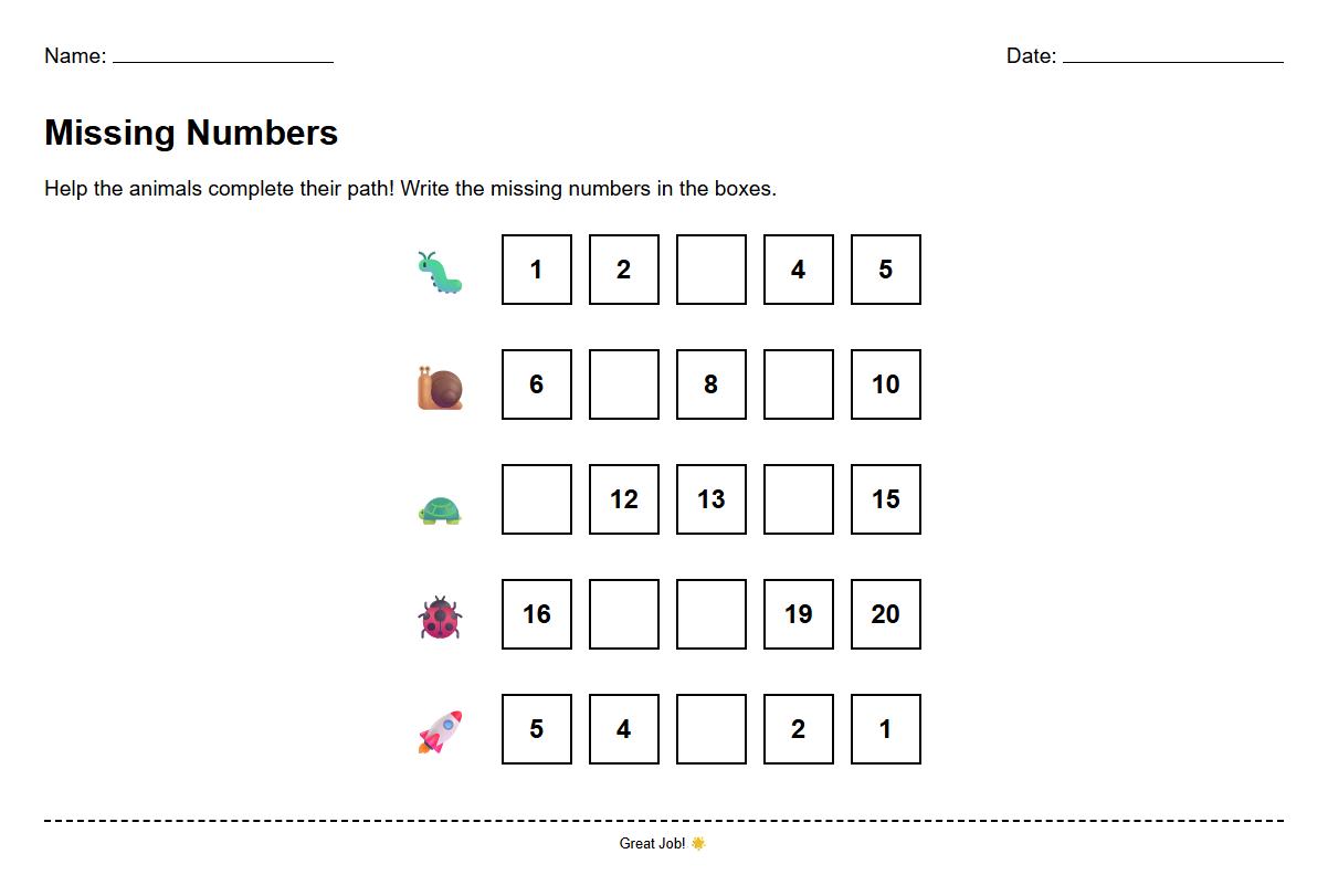 Missing Numbers Fill In exercise for Numerical Fluency
