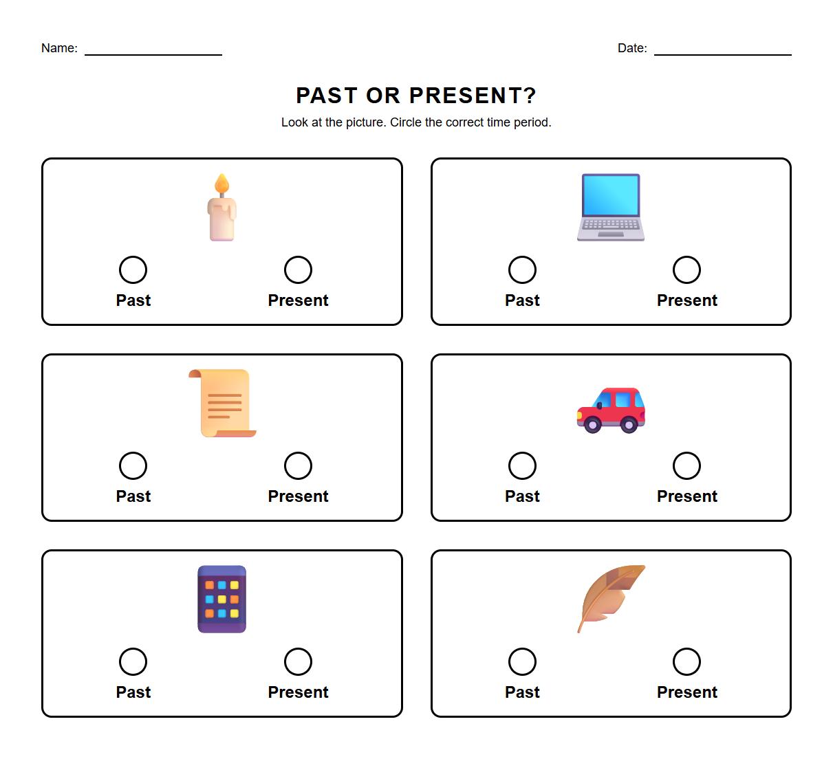 Multiple Choice Worksheet: Identify Past and Present