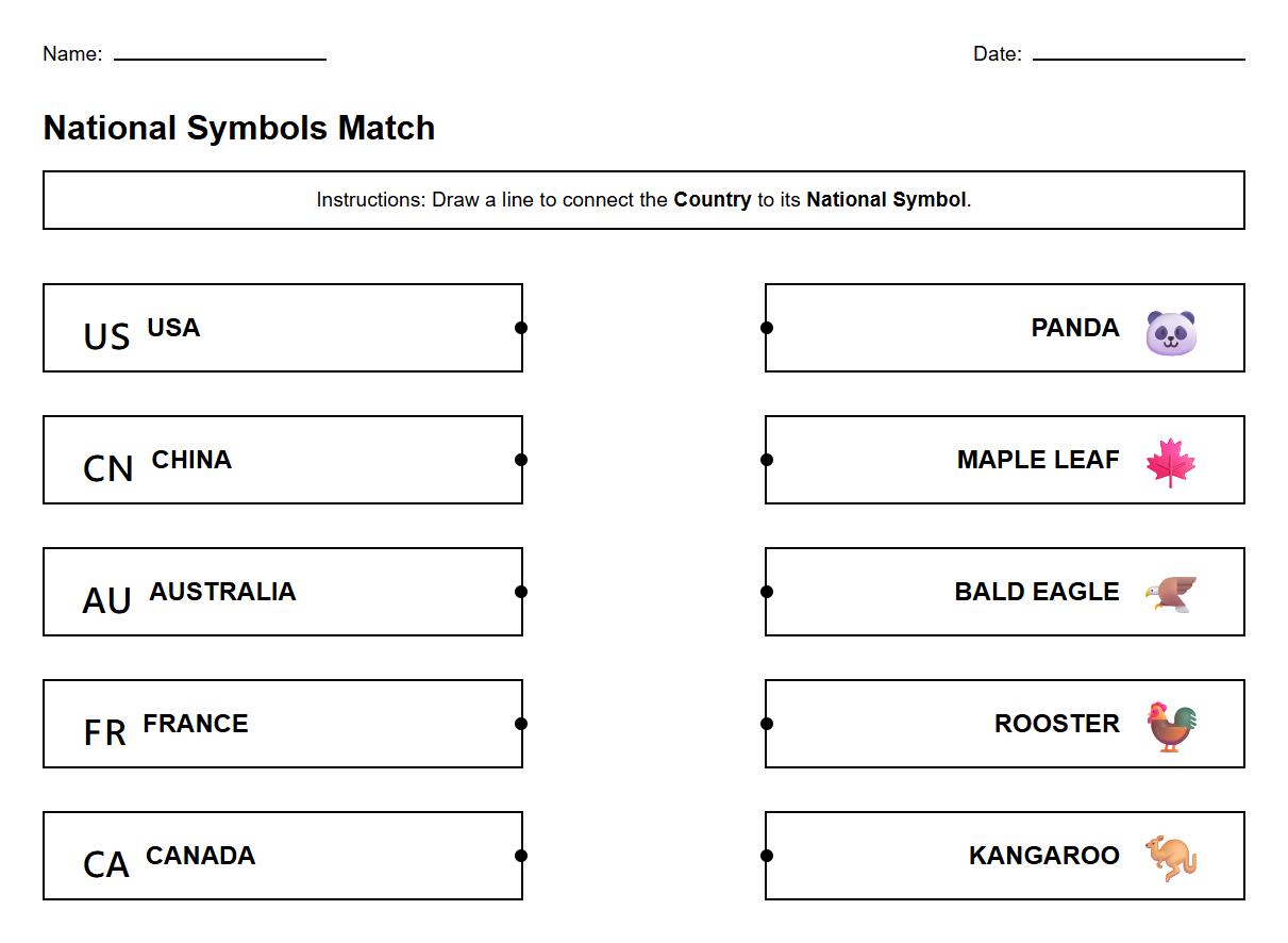 National Emblem Symbol and Country Connection Worksheet