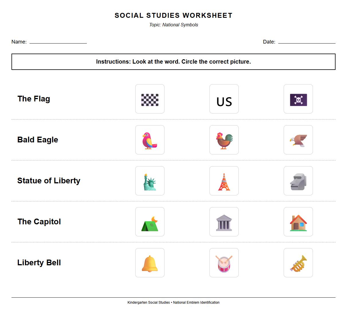 National Emblem Symbol Picture Identification Worksheet for Kindergarten