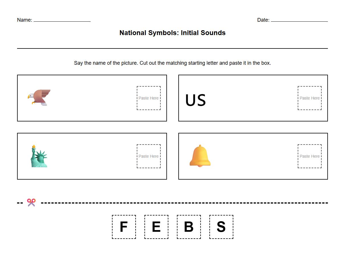 National Symbols Initial Sound Identification Cut and Paste Sheet