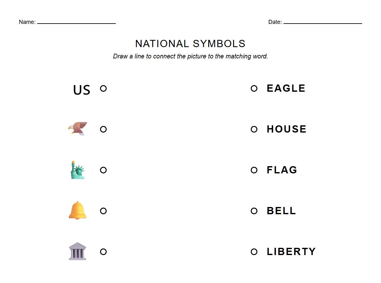 National Symbols Picture to Word Matching Phonics Worksheet