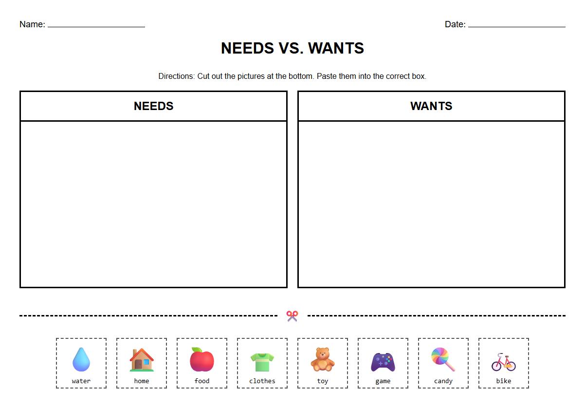 Needs vs Wants Cut and Paste Picture Worksheet for Kindergarten