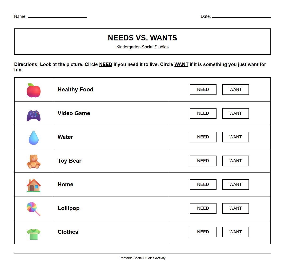 Needs vs Wants Picture Association Worksheet for Kindergarten