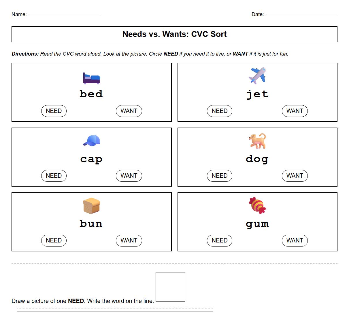 Needs and Wants CVC Words Phonics Practice