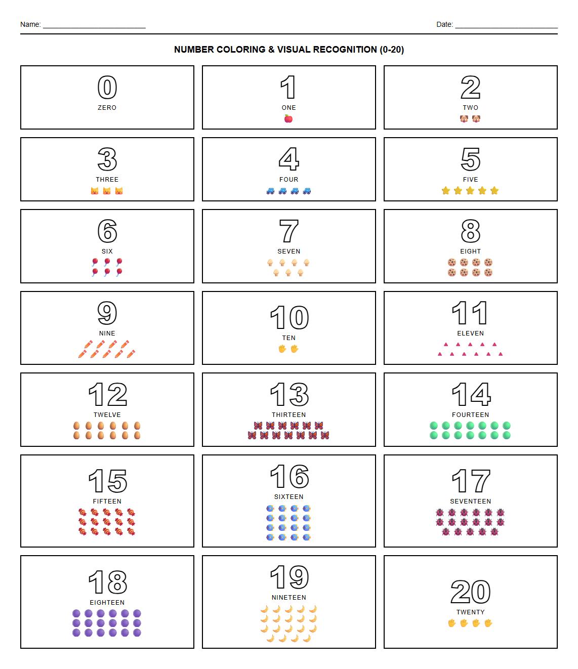Number Coloring Worksheet for Visual Recognition 0 to 20