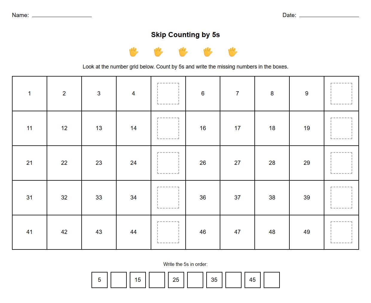 Number Grid Activity for Skip Counting by 5s Worksheet