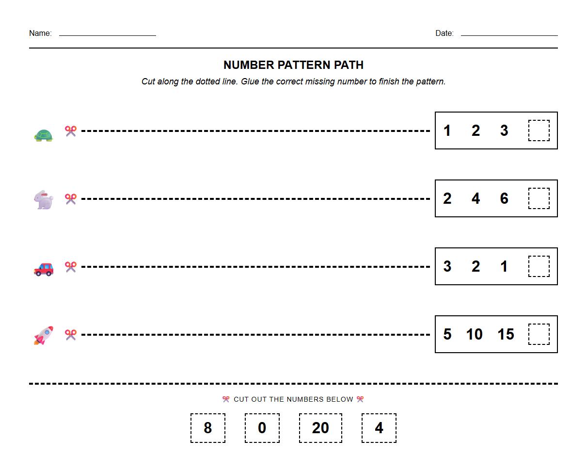 Number Pattern Path Scissor Worksheet