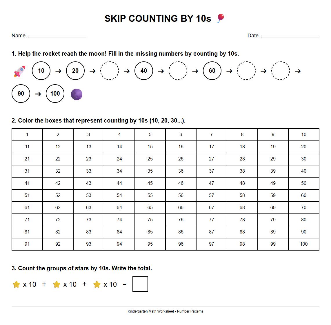 Number Patterns Skip Counting by 10s Coloring Sheet
