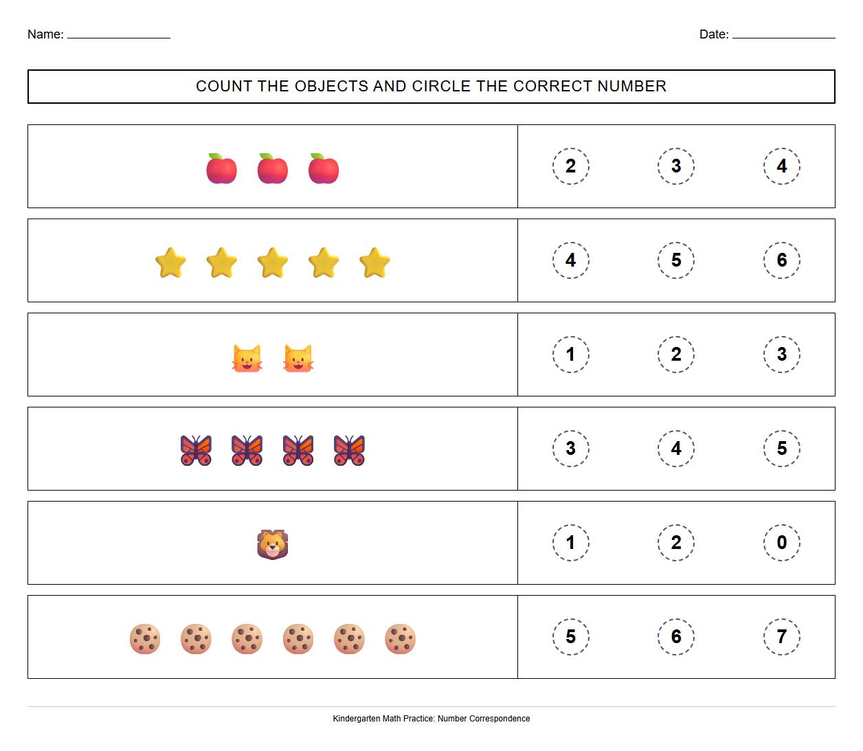Number to Quantity Correspondence Worksheets