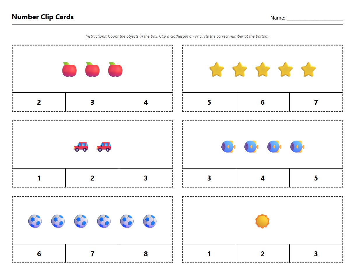Number Recognition Clip Card Worksheet